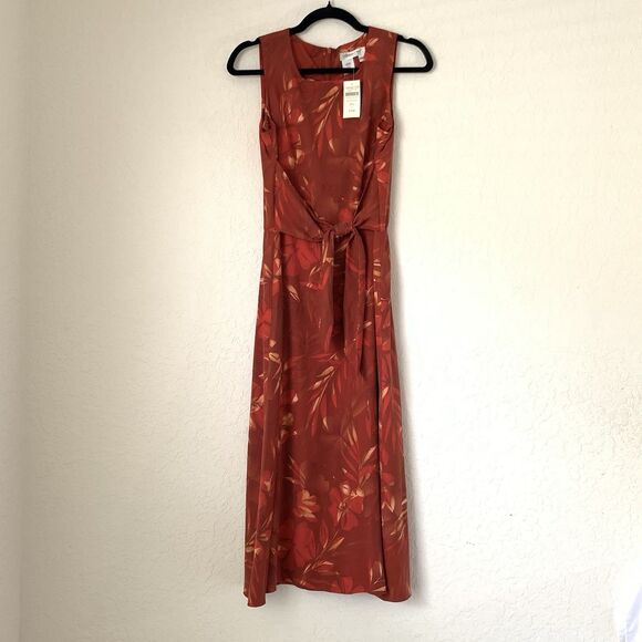 NWT Coldwater Creek Dress 10 Petite Red Spice Batik Silk Midi Tropical Vacation - Picture 1 of 9